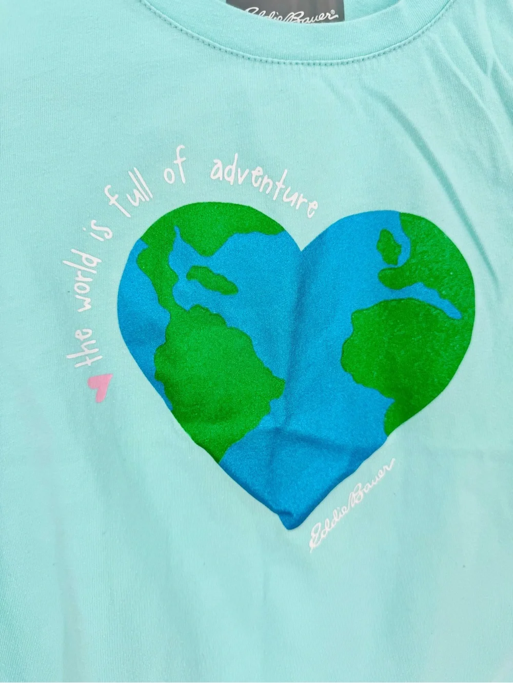 Eddie Bauer Aqua Tee with Blue & Green Heart Earth Graphic